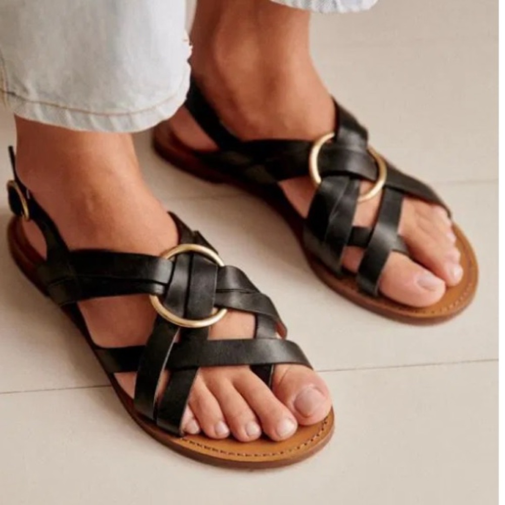 Sezane Olympe Low Sandals Black Leather Strappy Flat Slides Size 38